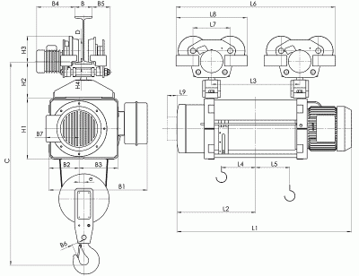Схема талей серии МТ в исполнении на 2 тележках, полиспаст 2/1